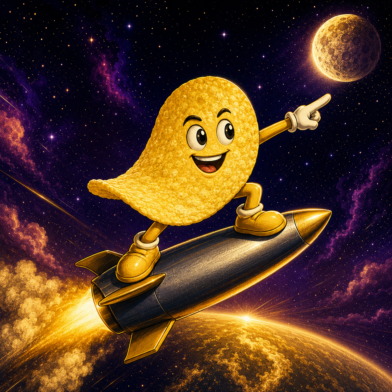 CHIP mascot riding a rocket to the moon
